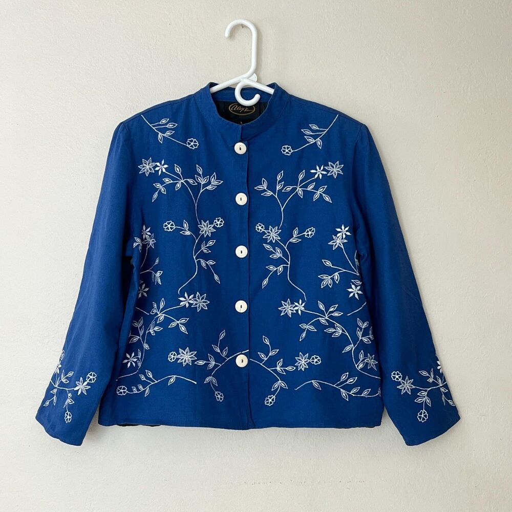 VTG Alex Kim Art to Wear Cobalt Blue White Embroidered Stand Up Collar Jacket L